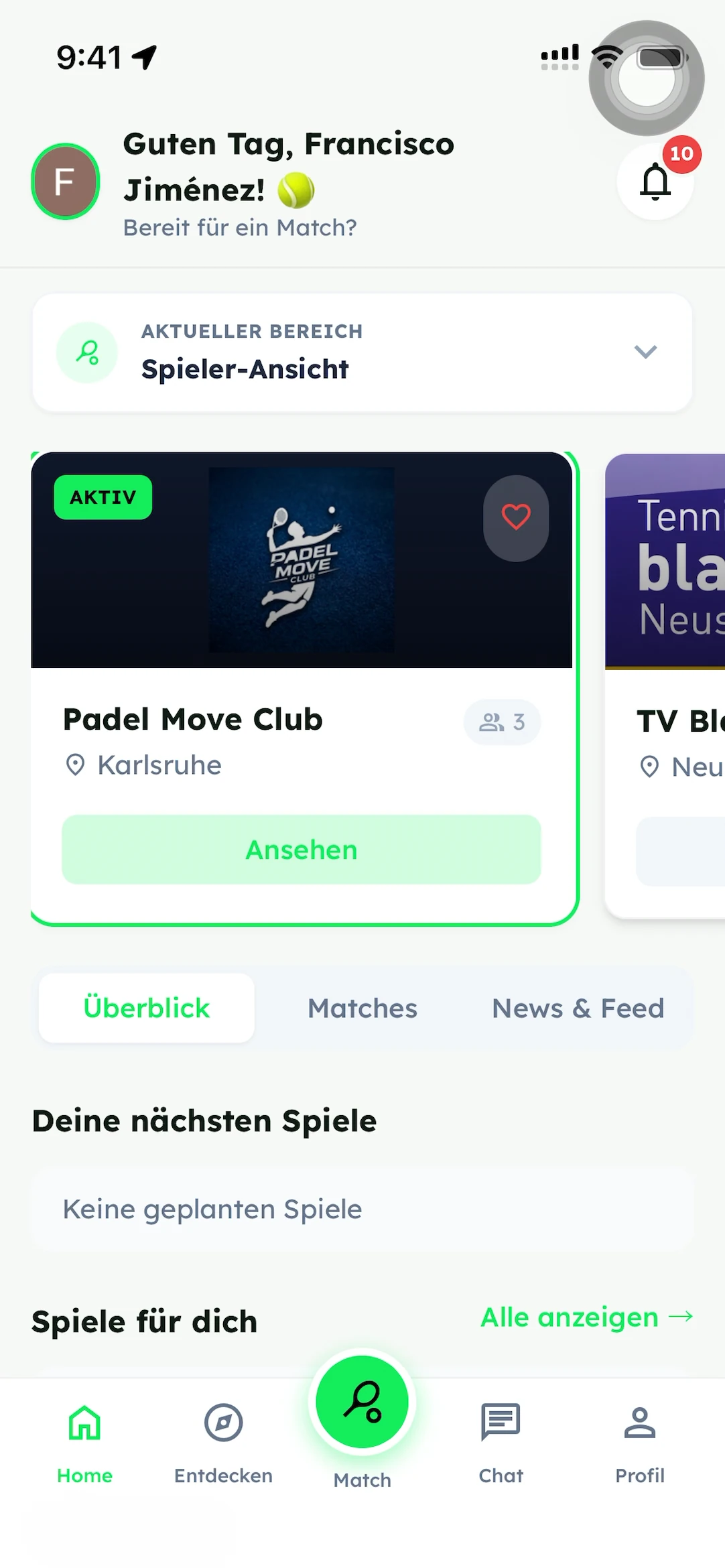 MeetRackets-Startseite mit Padel Move Club und dem grünen Match-Button